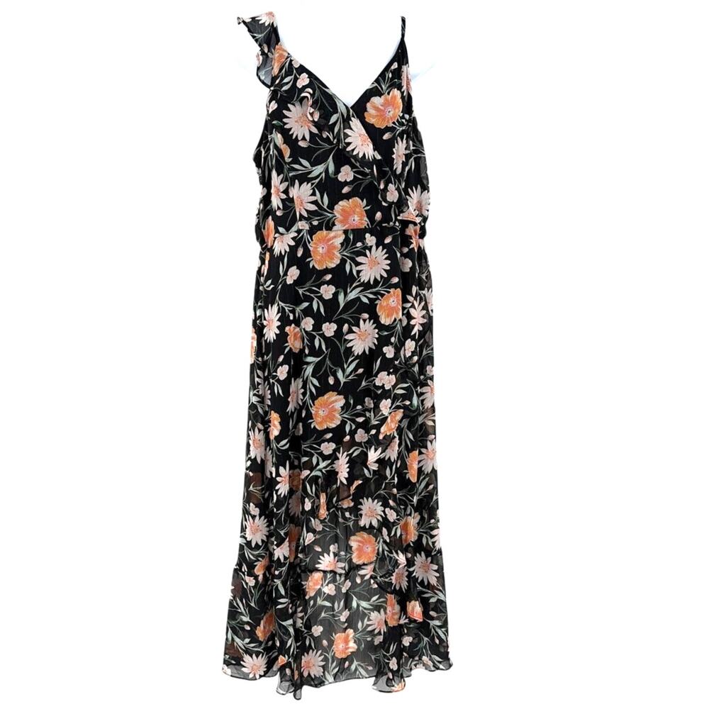 The General Good Floral Chiffon Dress Sz L Boho Ruffle Wrap Romantic HiLow Sheer